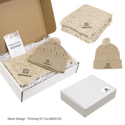Cable Knit Beanie and Sherpa Blanket Gift Set