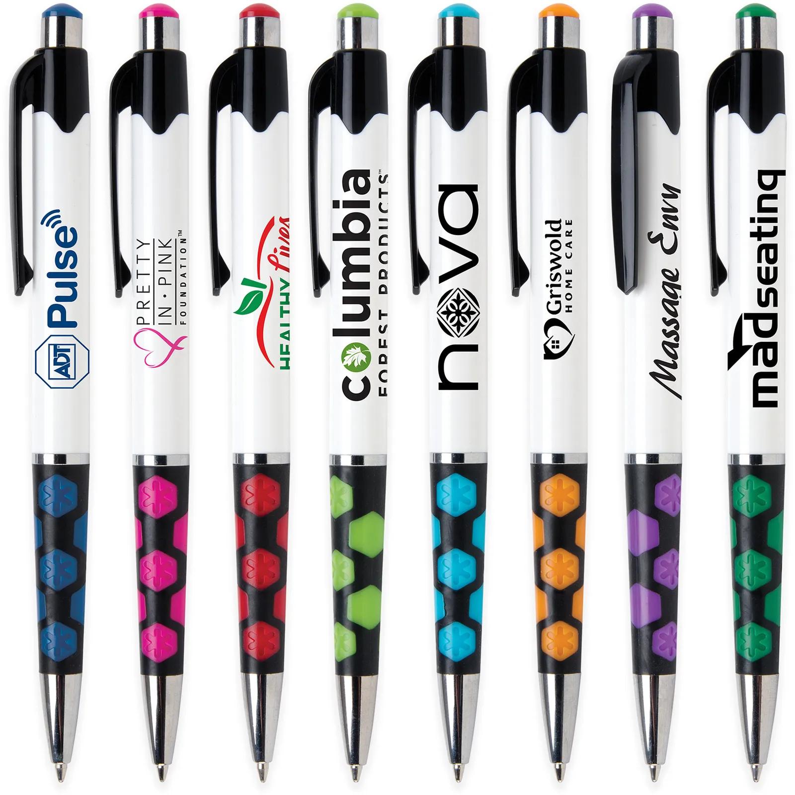 Ballpoint Pen with Hexagon Grip Pattern and White Barrel