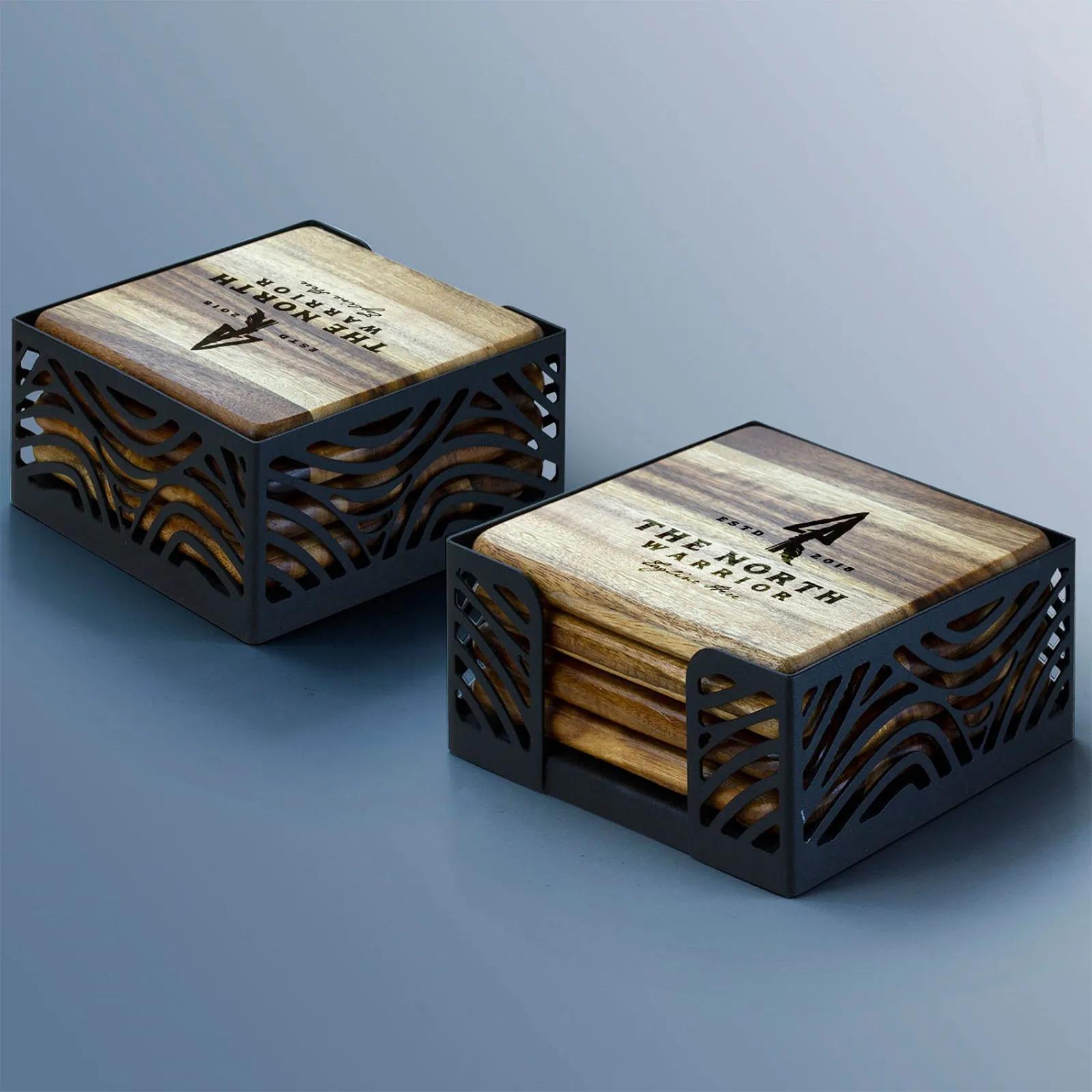 Coaster Set Acacia Wood Square with Stand (4 Pack)