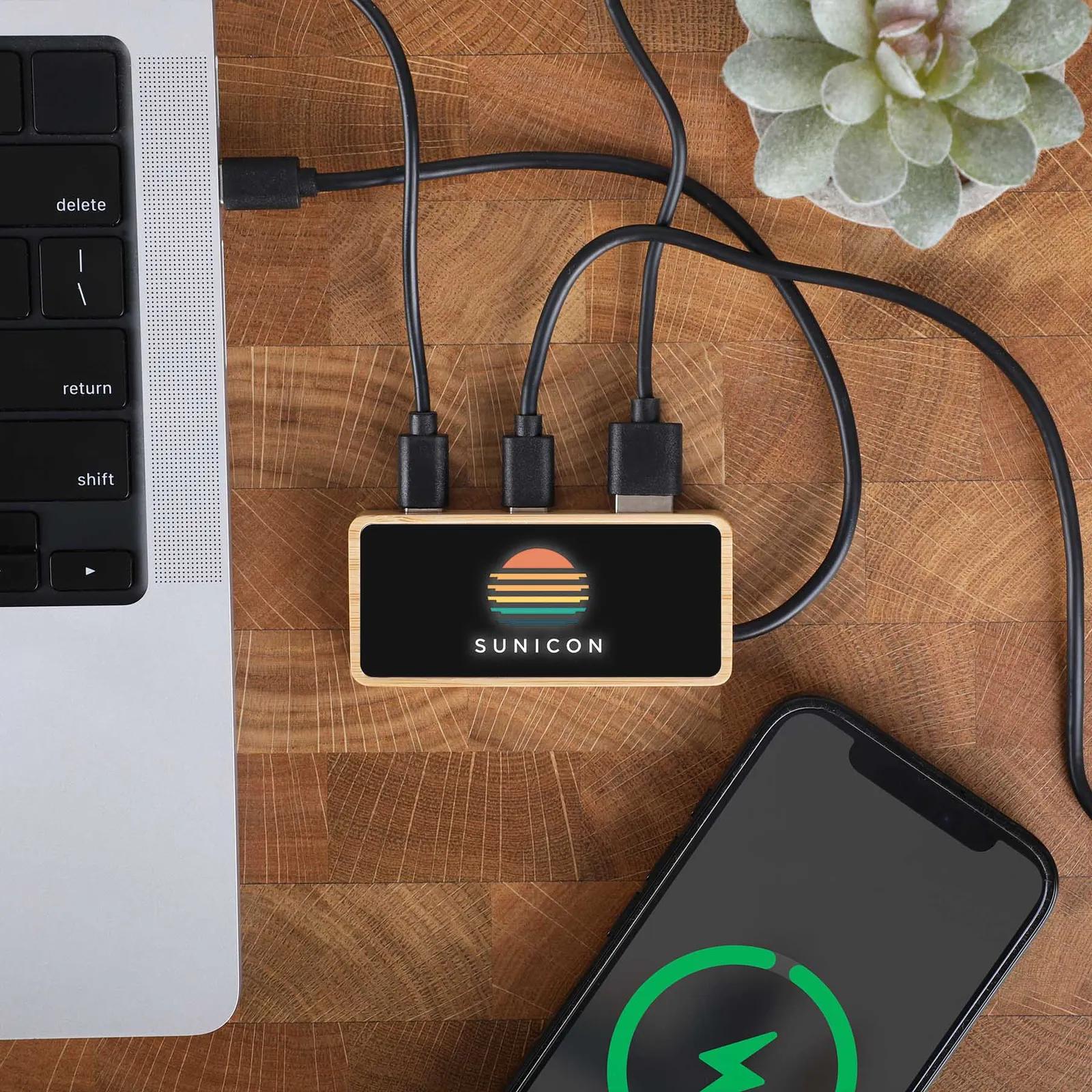 Bamboo USB Hub Dual USB-C Plus USB-A Illuminated Logo