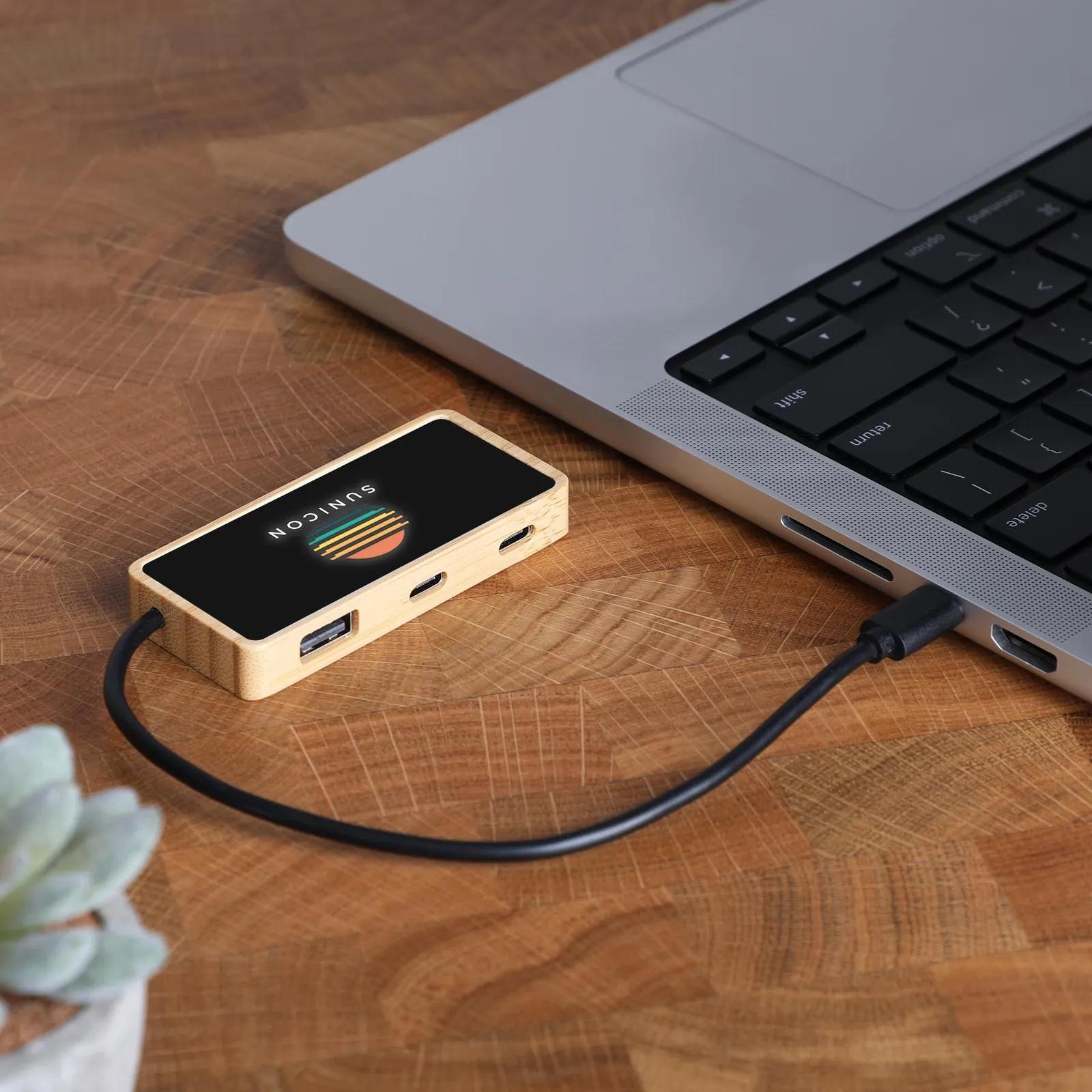 Bamboo USB Hub Dual USB-C Plus USB-A Illuminated Logo - product view 3