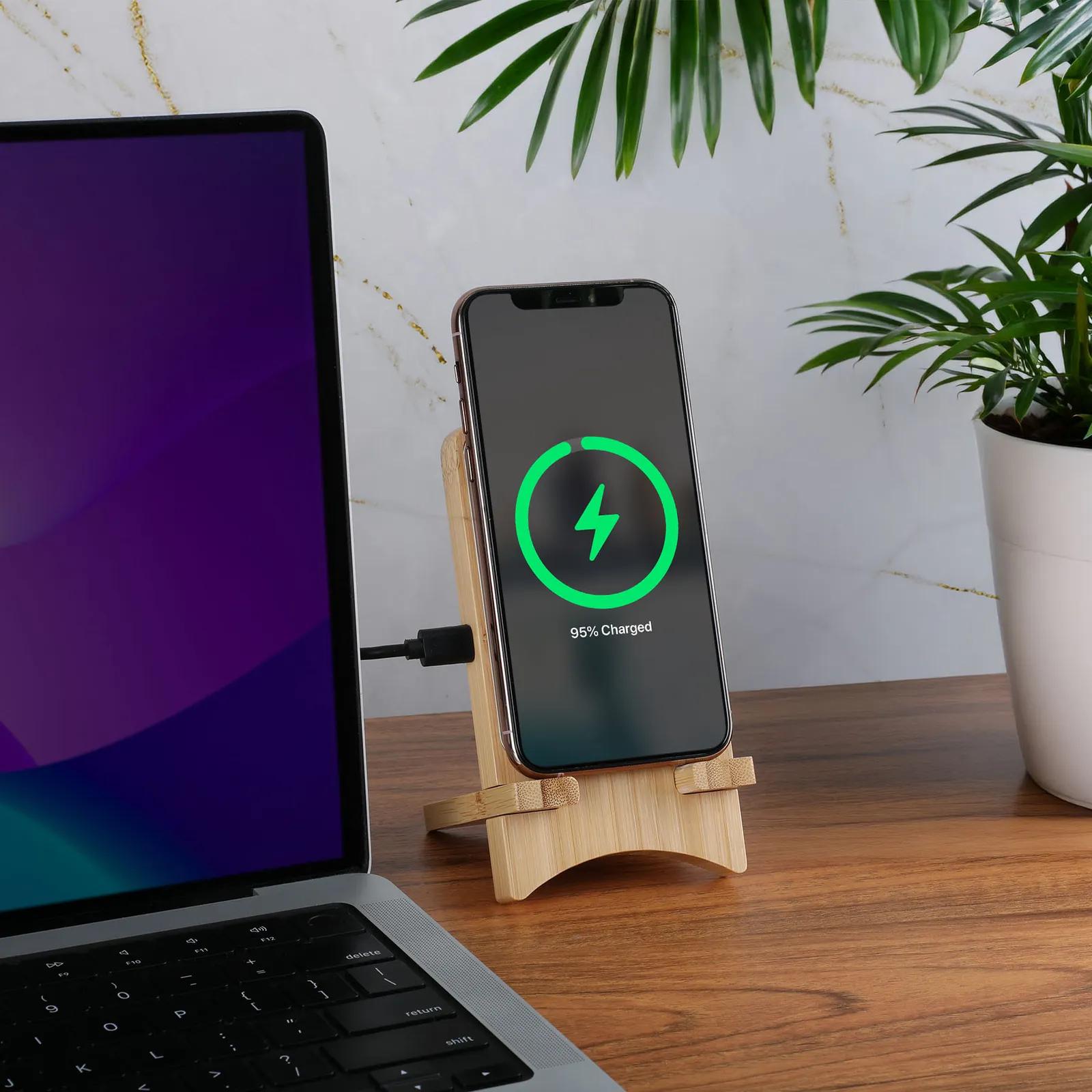 Bamboo Wireless Charging Stand 15W Illuminated Logo - product view 2