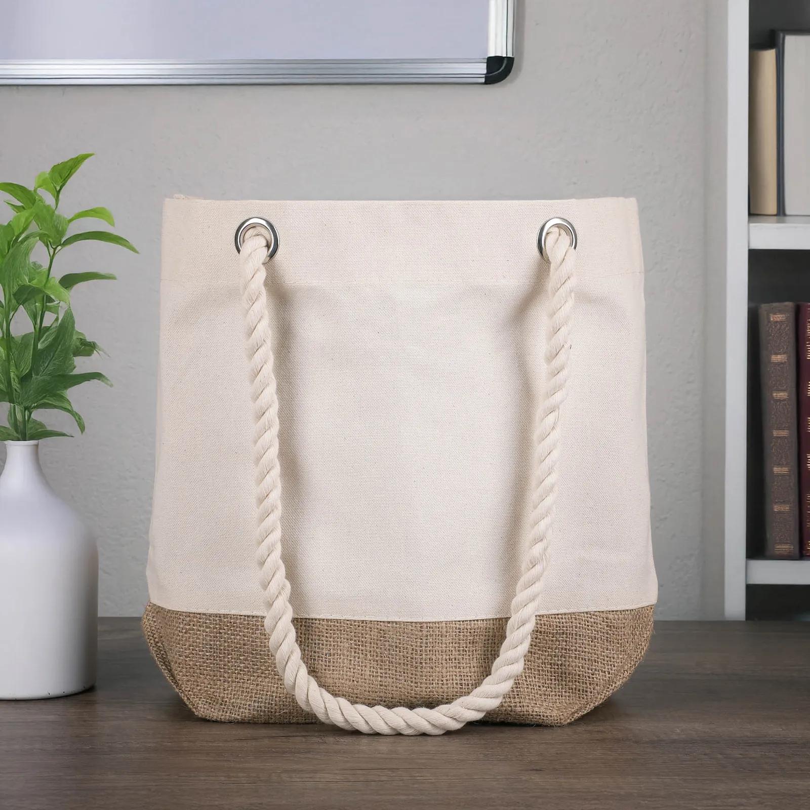 Custom Tote Bag Cotton Canvas with Jute Bottom - 15.25 x 12 in - blank view 7