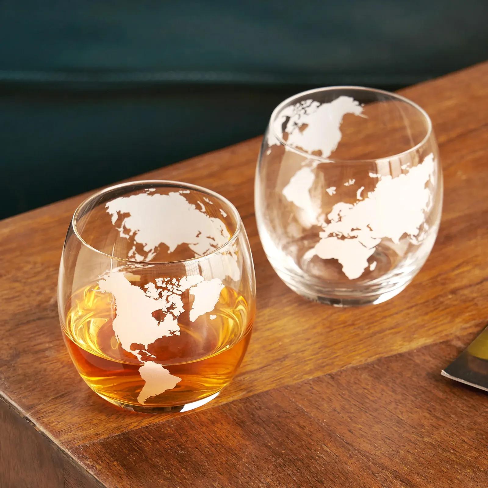 Viski Globe Whiskey Tumblers Etched World Map (2 Pack) - product view 2