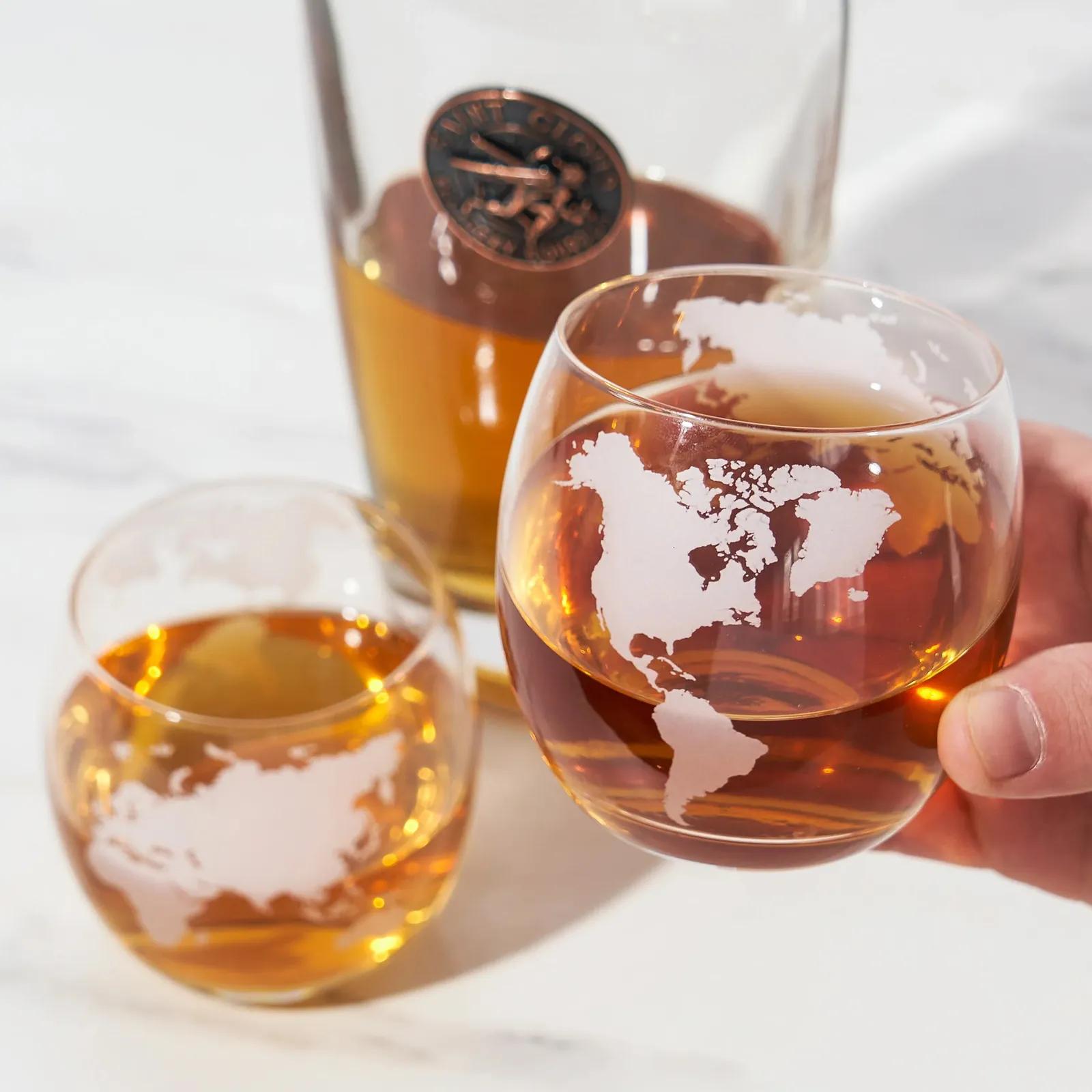 Viski Globe Whiskey Tumblers Etched World Map (2 Pack) - product view 3