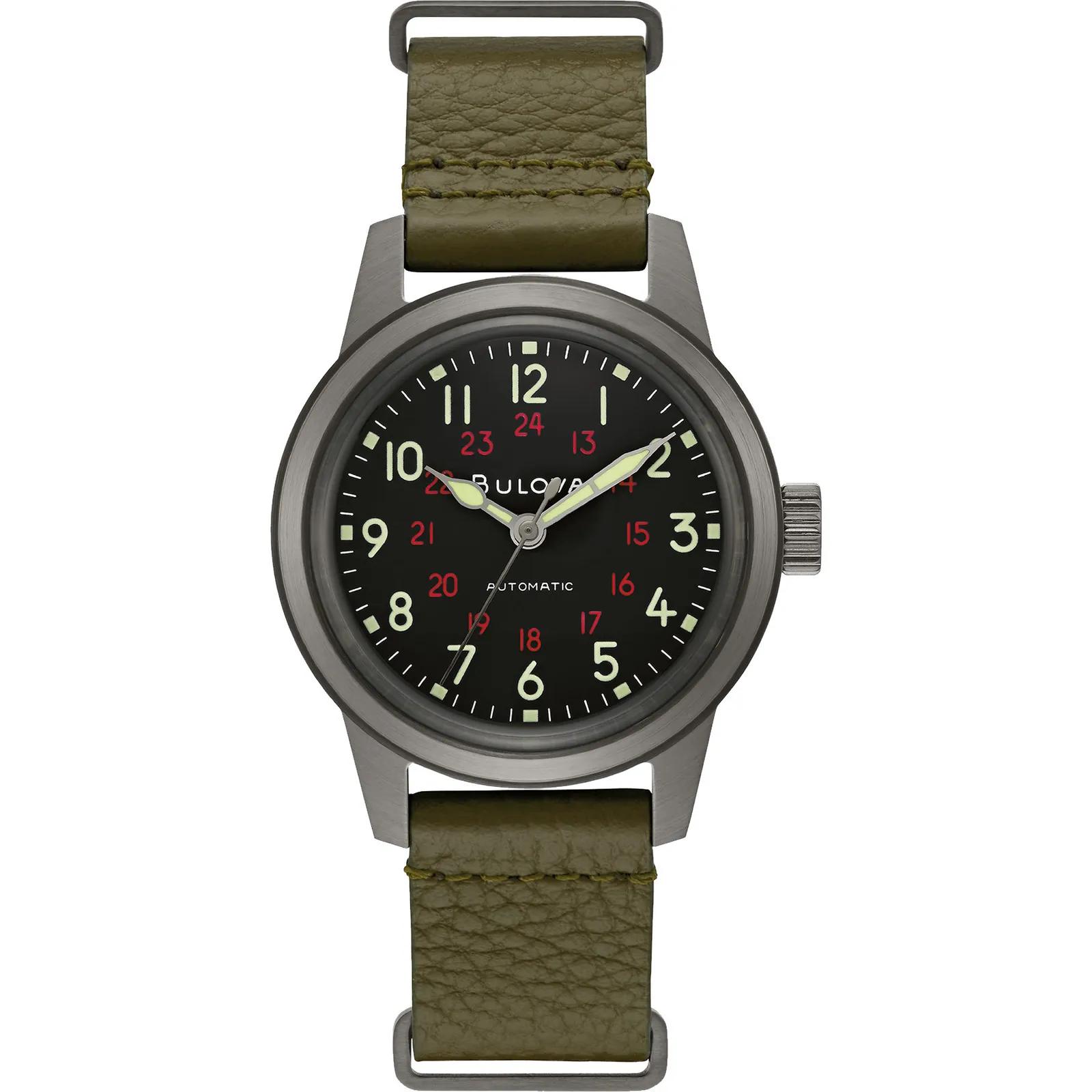 98A255 Men's Military Green Leather NATO strapHack Watch
