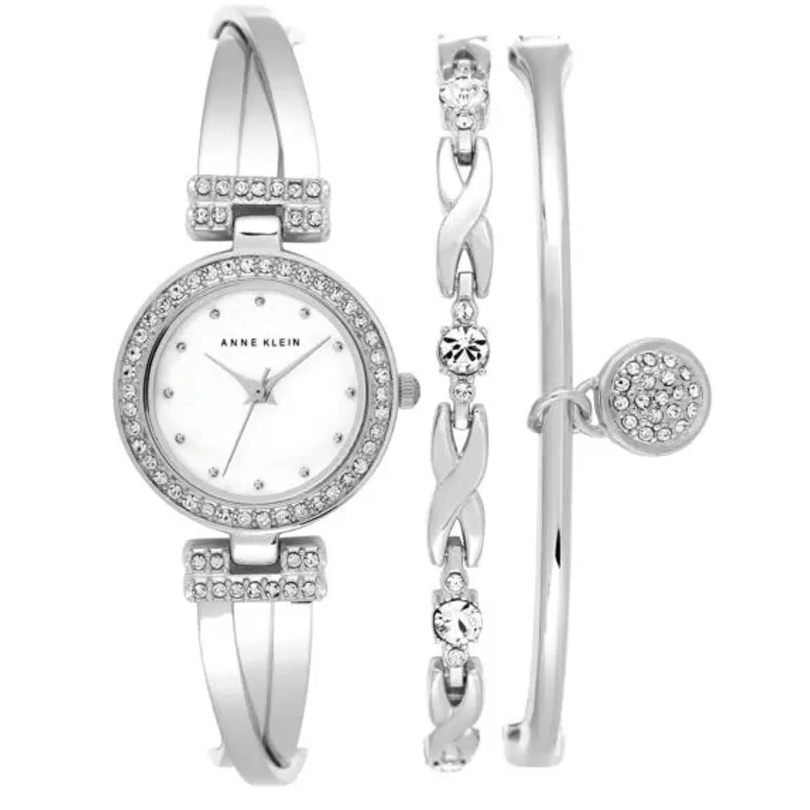 Women's Silver Crystal Bracelet Watch Set Mother-of-Pearl - 1.5 x 8 in