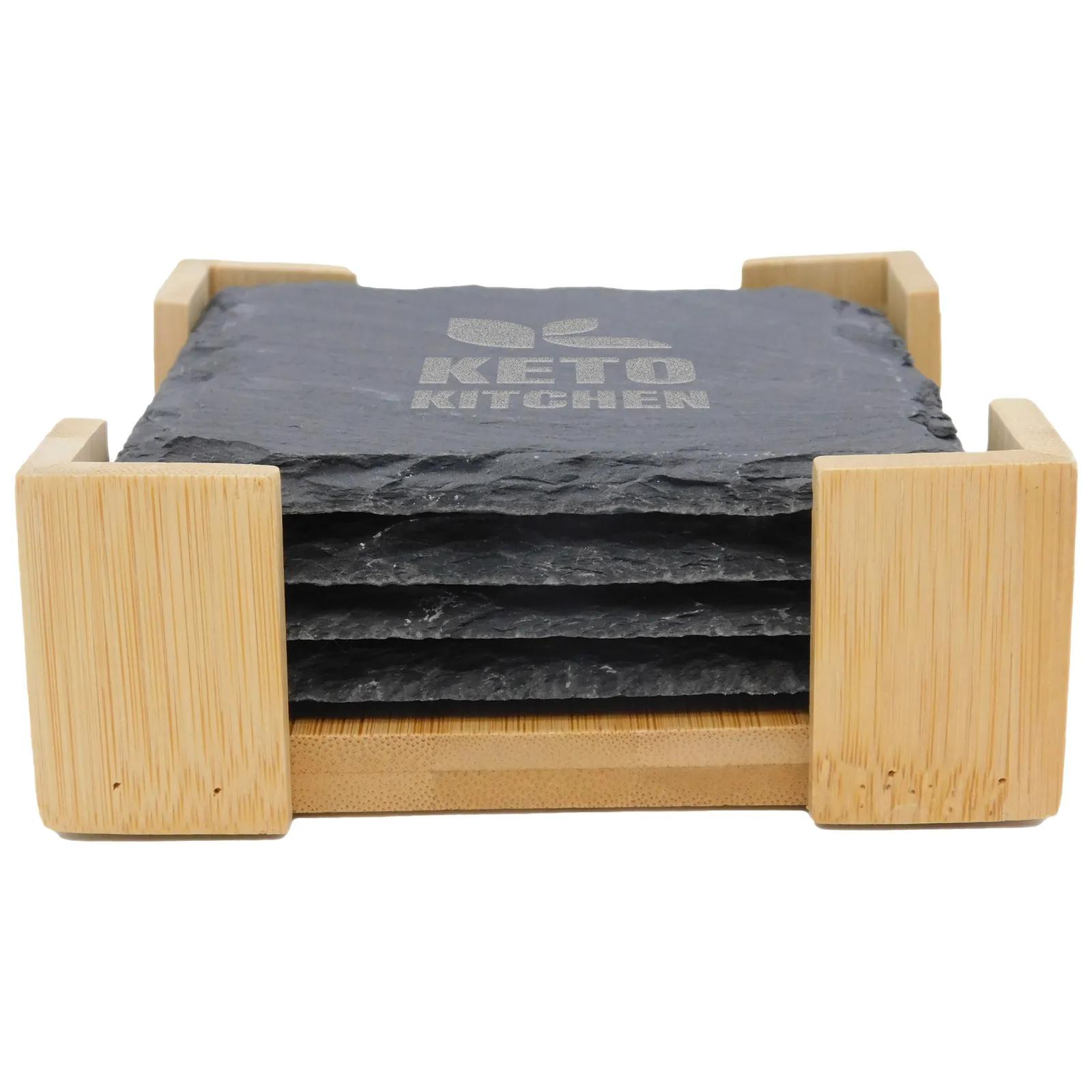 Square Slate Coaster Set with Bamboo Stand (4 Pack) - product view 3