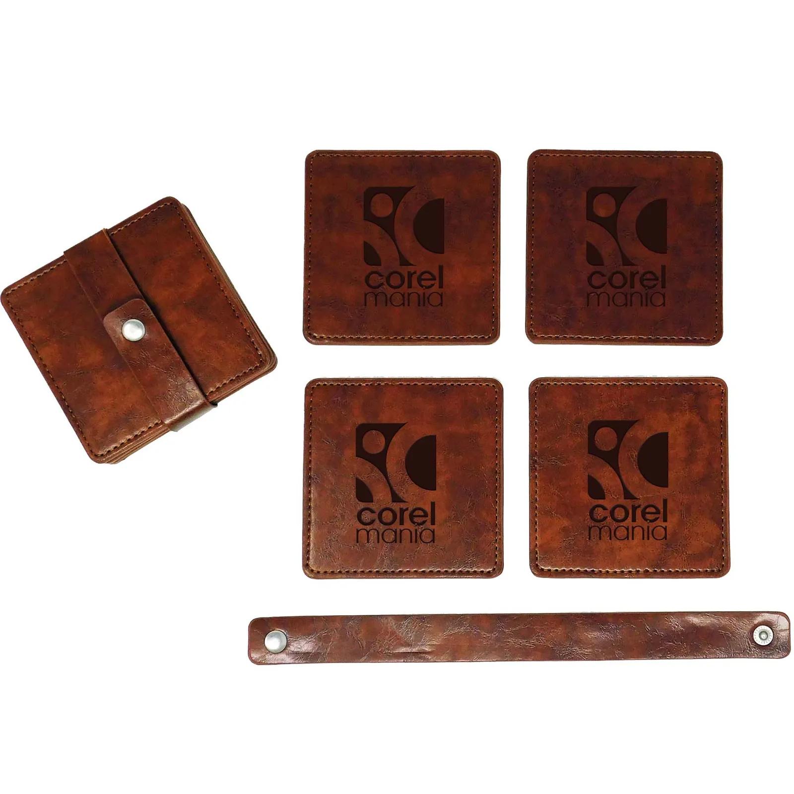 Faux Leather Square Coaster Set with Holder (4 Pack) - product view 2