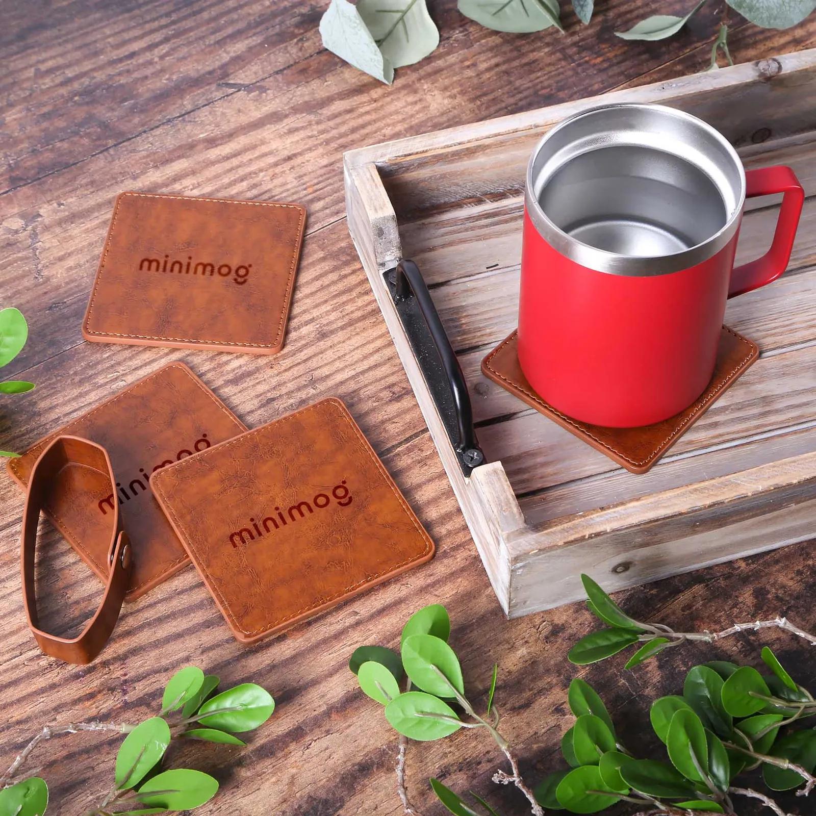 Faux Leather Square Coaster Set with Holder (4 Pack) - product view 5