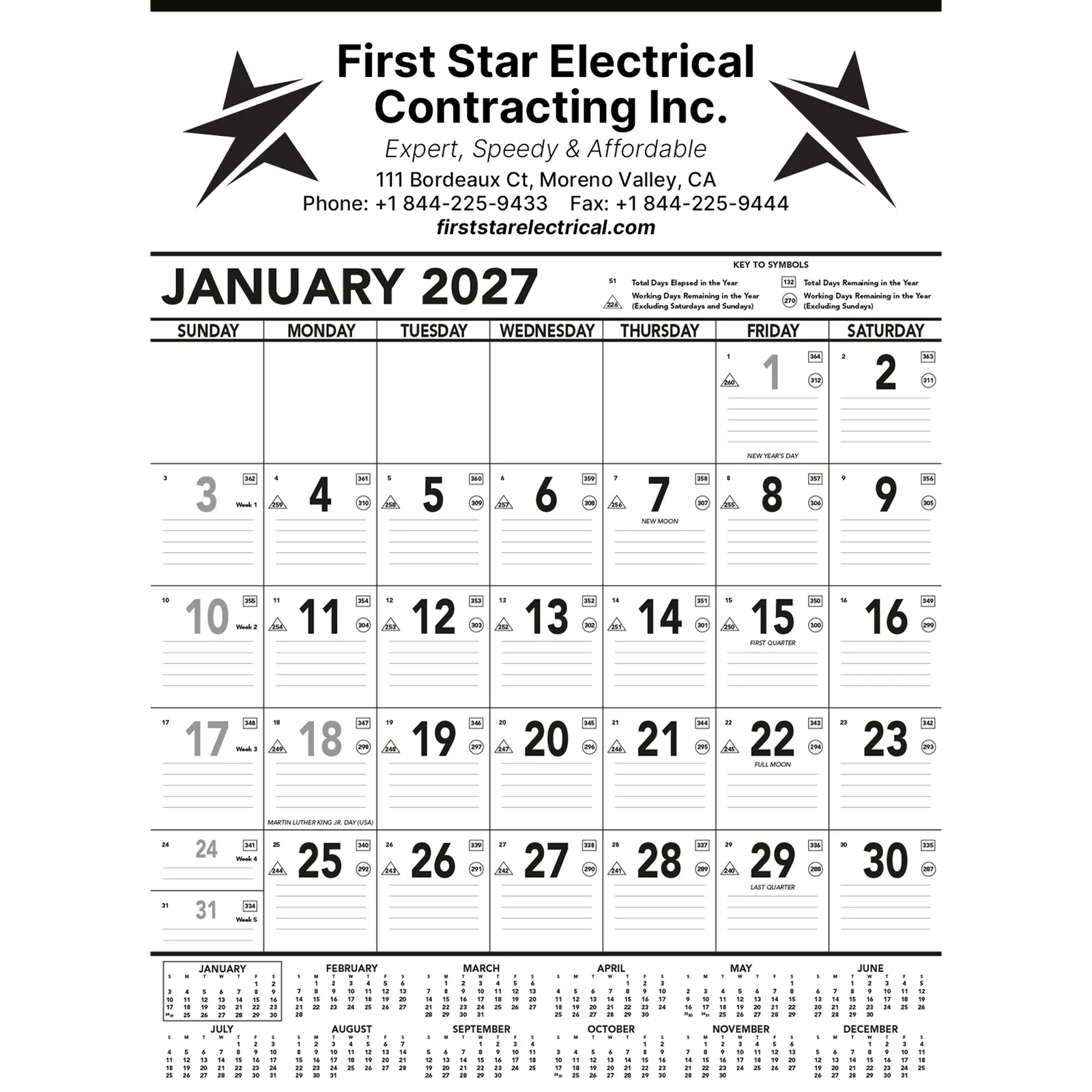 Commercial Contractor Wall Calendar - 18 x 25 in (Black)