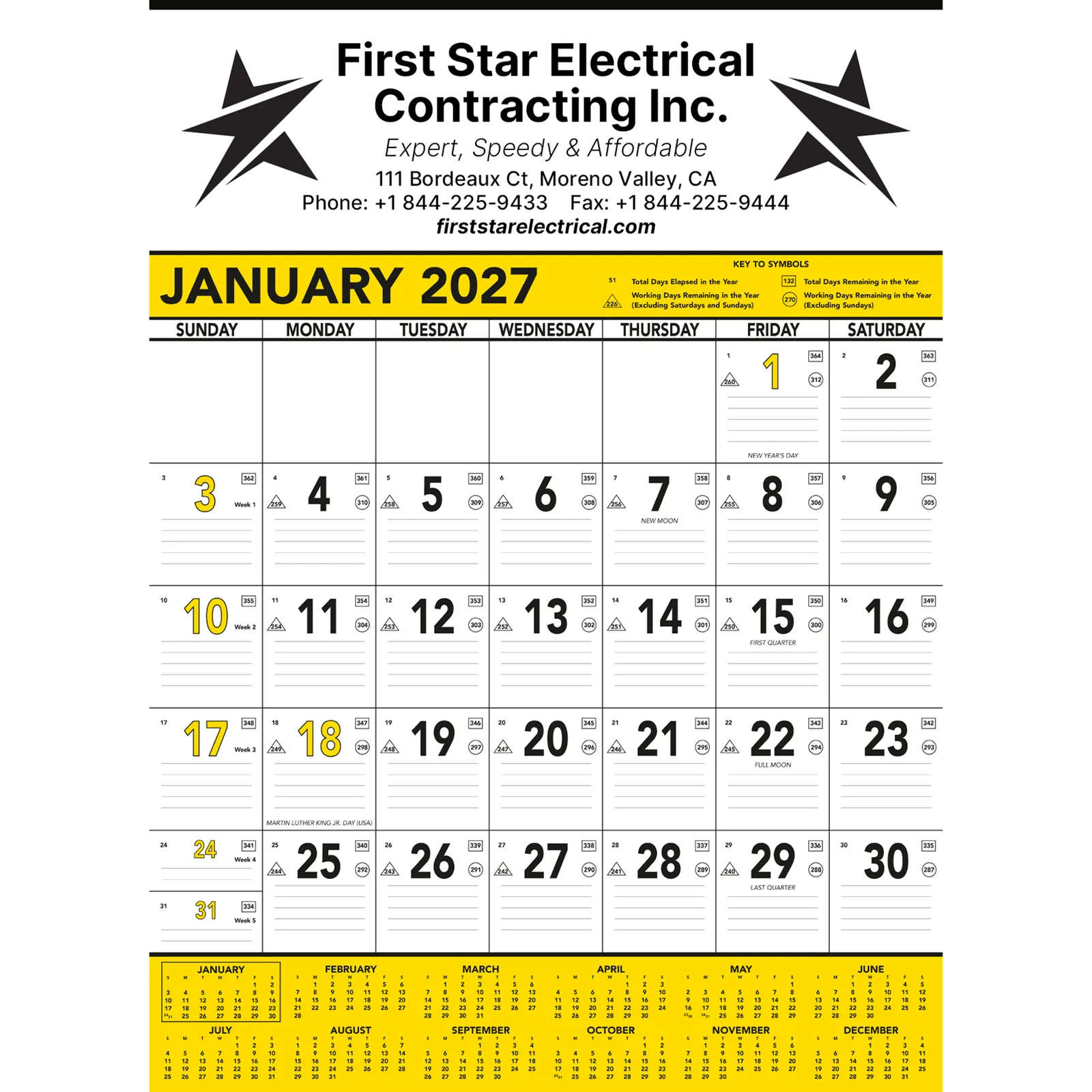 Commercial Contractor Wall Calendar - 18 x 25 in (Yellow)