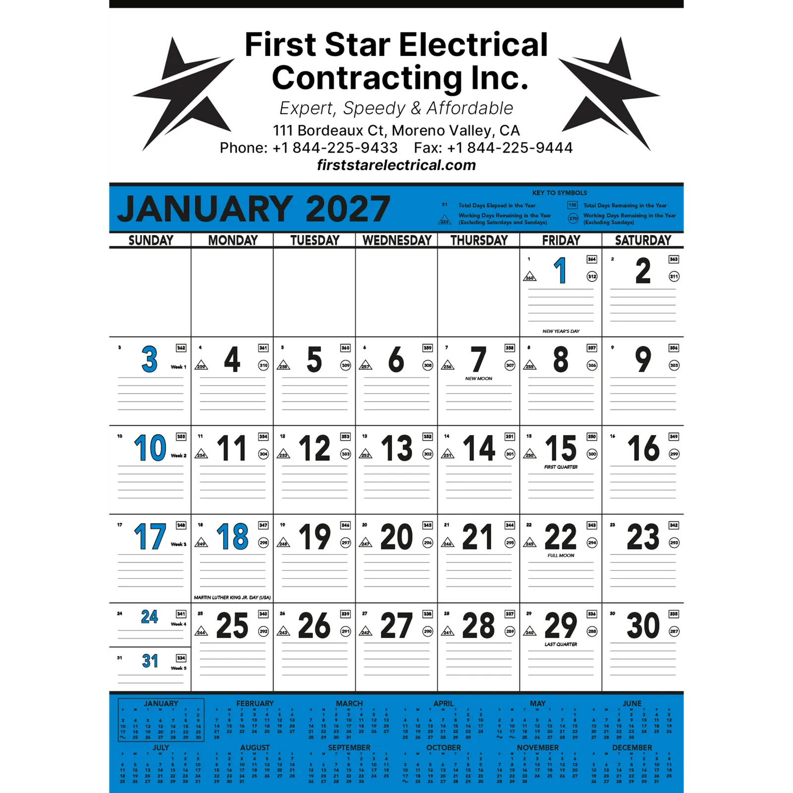 Commercial Contractor Wall Calendar - 18 x 25 in (Blue)