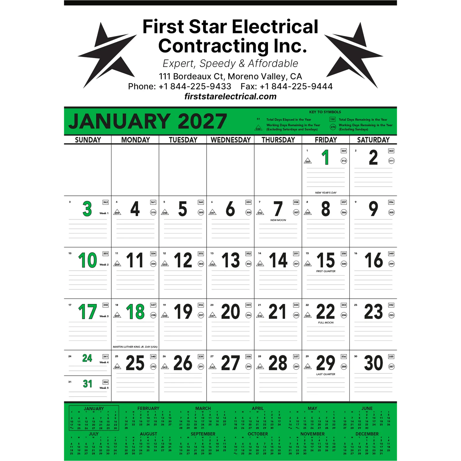 Commercial Contractor Wall Calendar - 18 x 25 in (Green) - product view 2