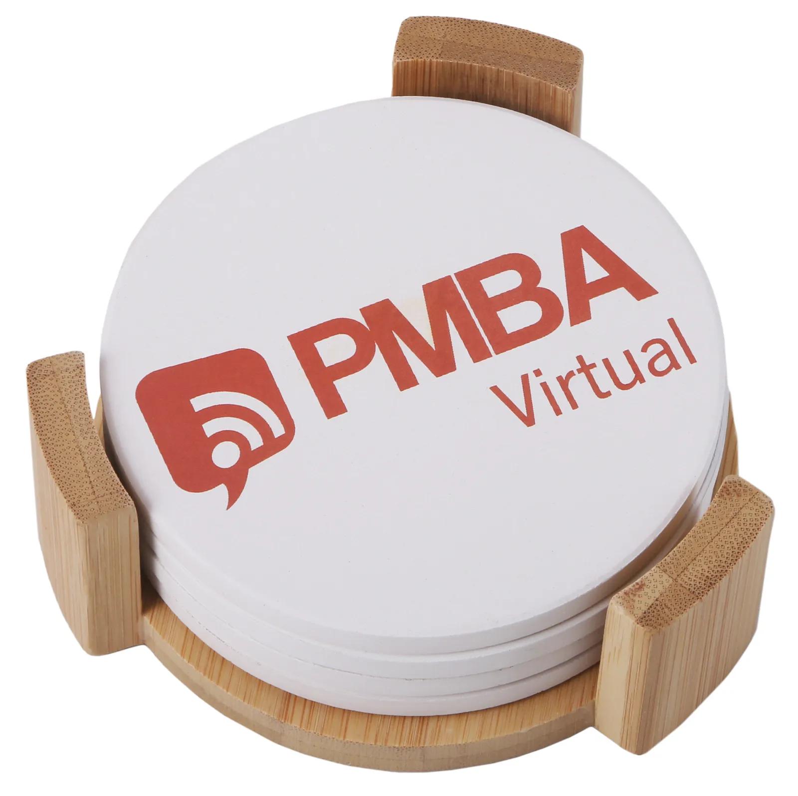 Ceramic Coaster Set Round with Wood Stand (4 Pack)