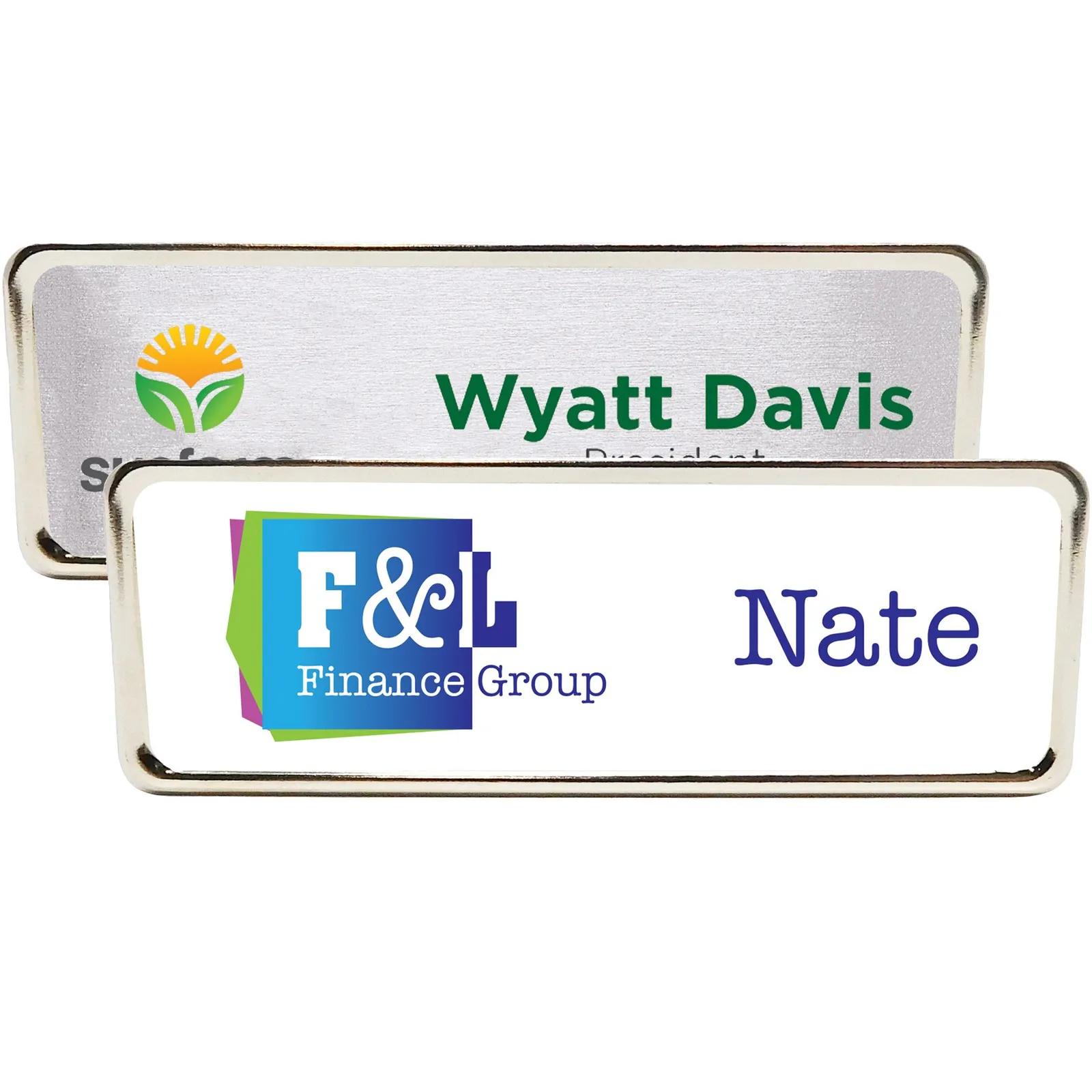 Name Badge Aluminum Silver Frame Magnet - 3 x 1 in - promotional product with custom logo