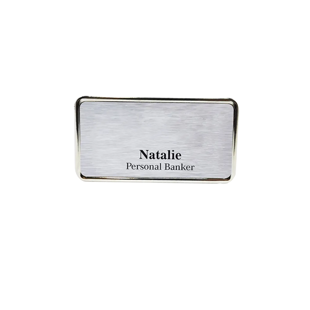 Name Badge Aluminum Silver Frame Magnet - 3 x 1.6 in - promotional product with custom logo