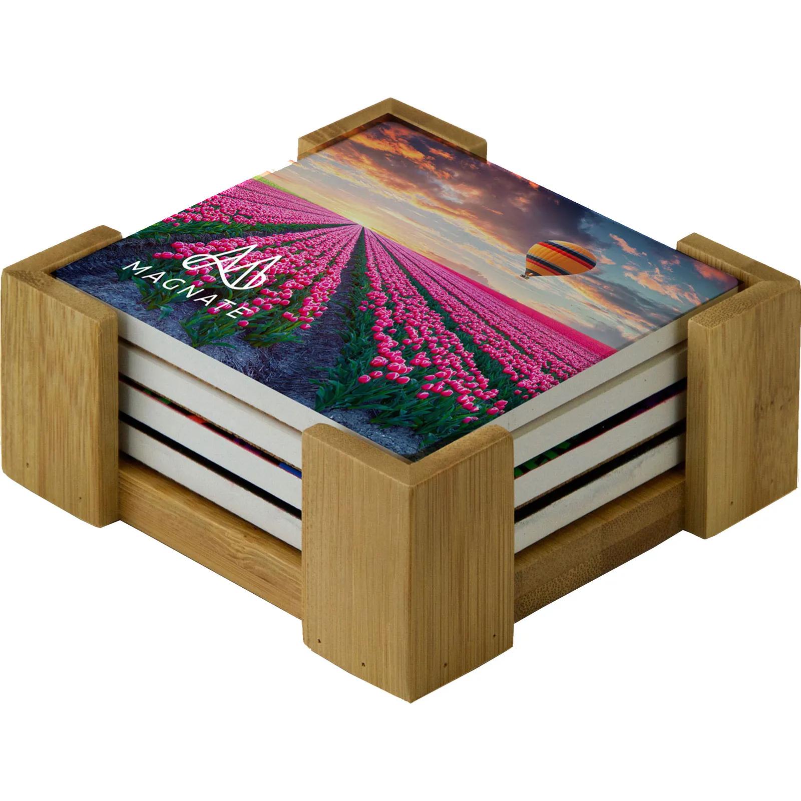 Square Ceramic Coaster Set with Wood Stand - 4 Piece - product view 1