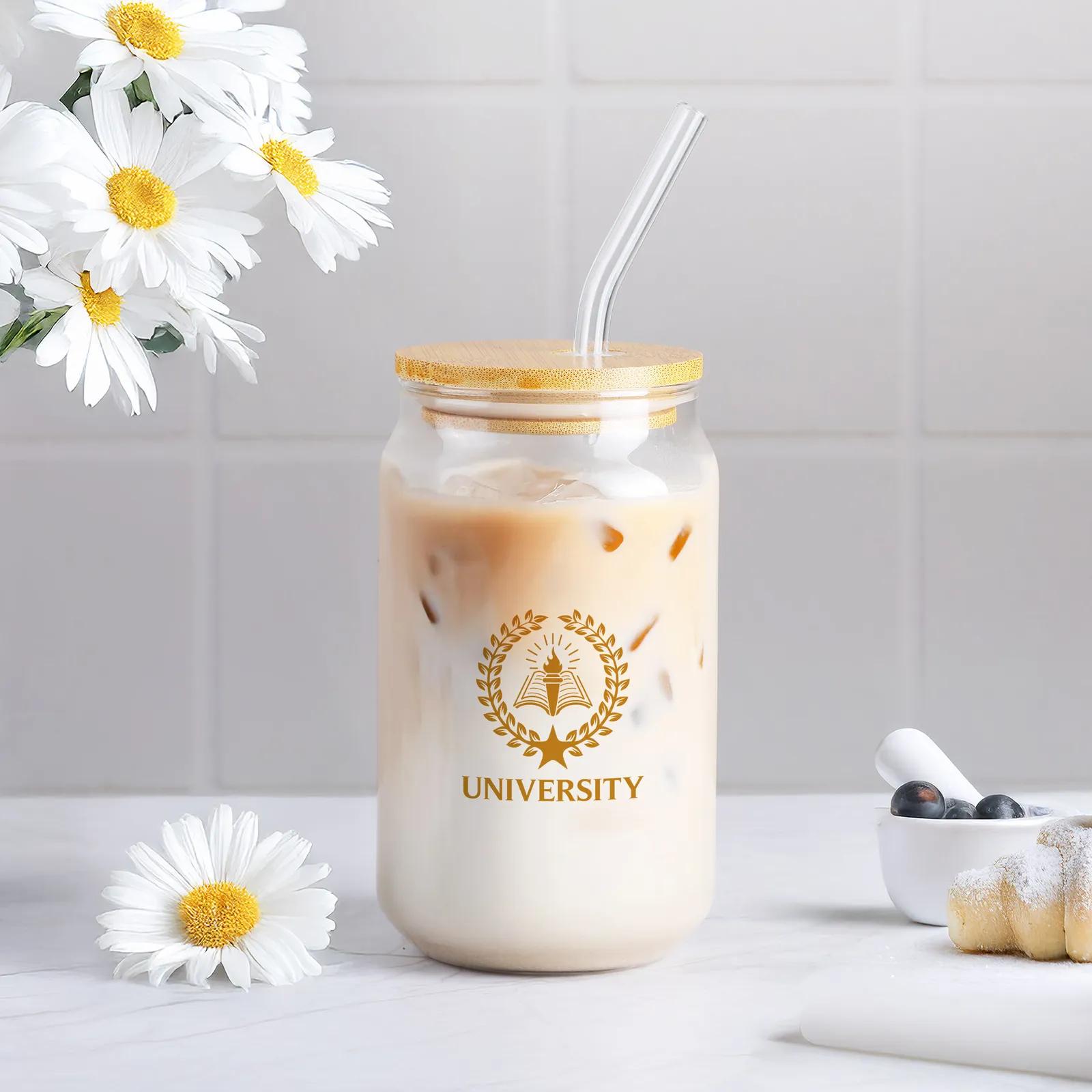 Glass Can Bamboo Lid Straw Soda Shape - 16 oz