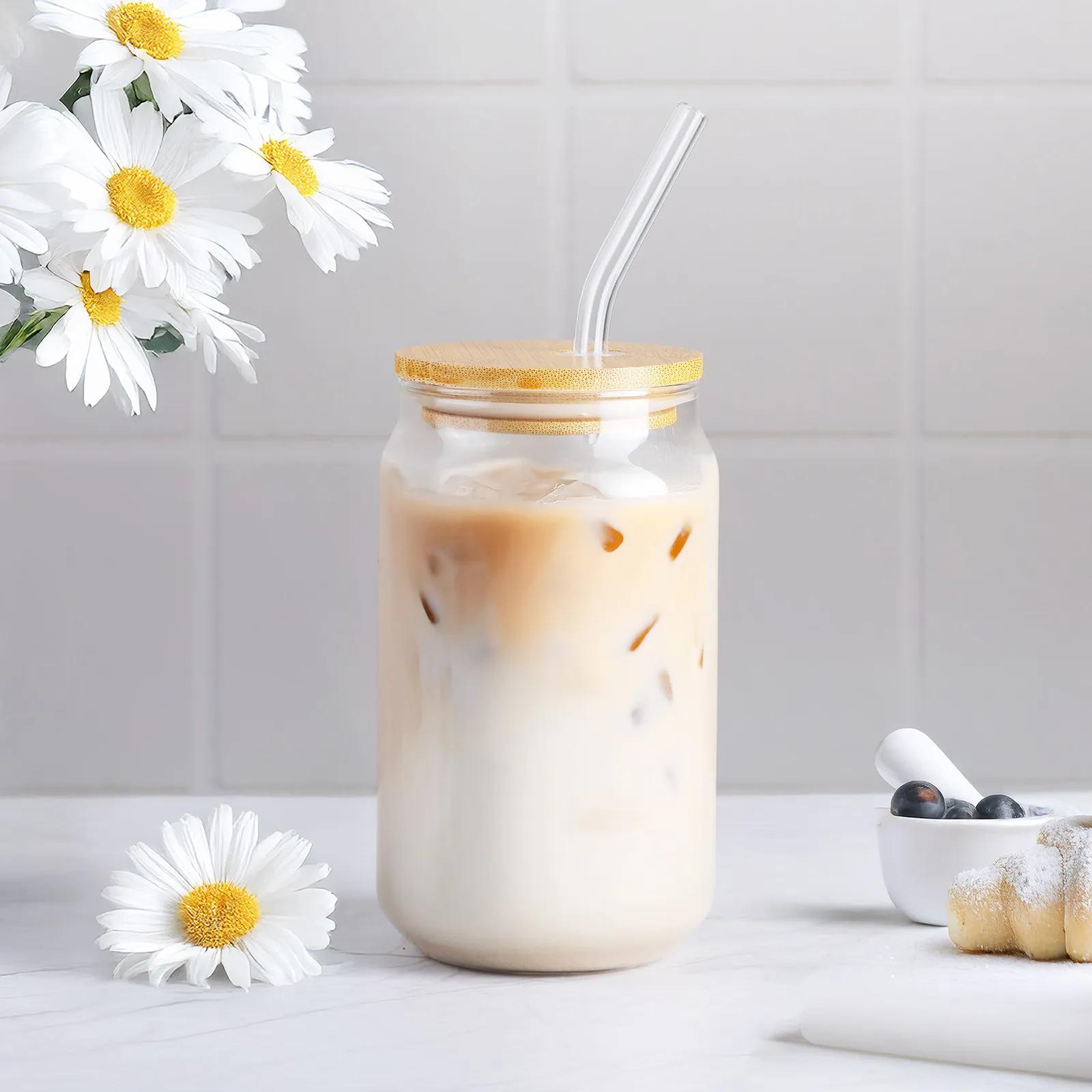 Glass Can Bamboo Lid Straw Soda Shape - 16 oz - blank view 5