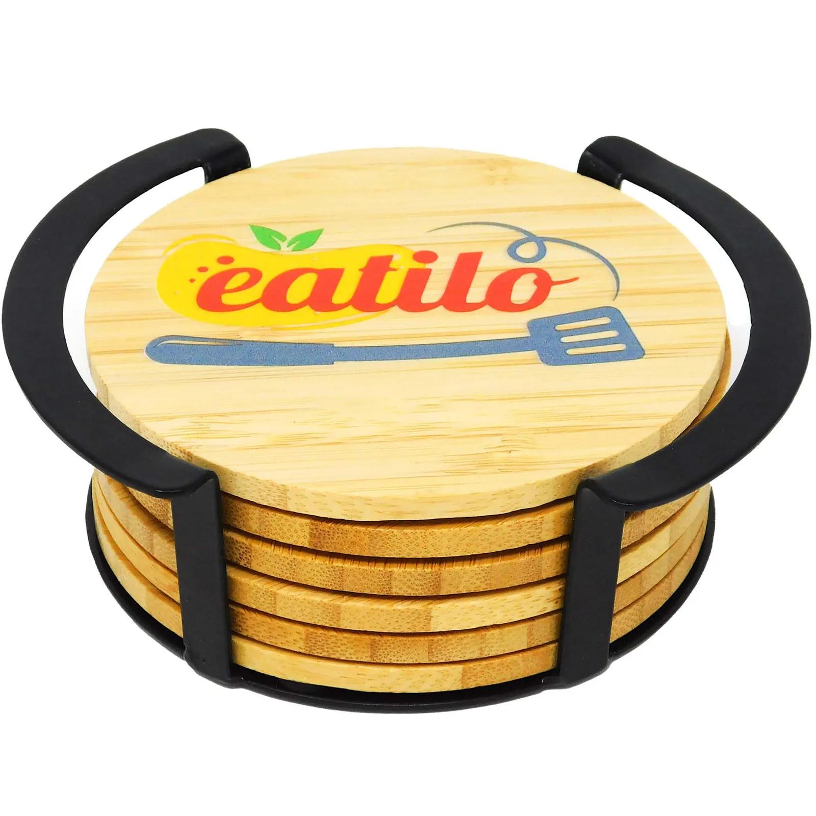 Coaster Set Round Bamboo 6 Piece Metal Stand - 4.875 in