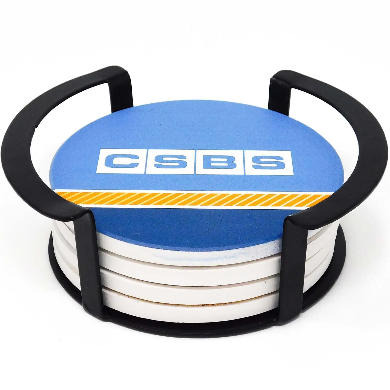 Coaster Set Round Ceramic 4 Piece Metal Stand - 4.875 in