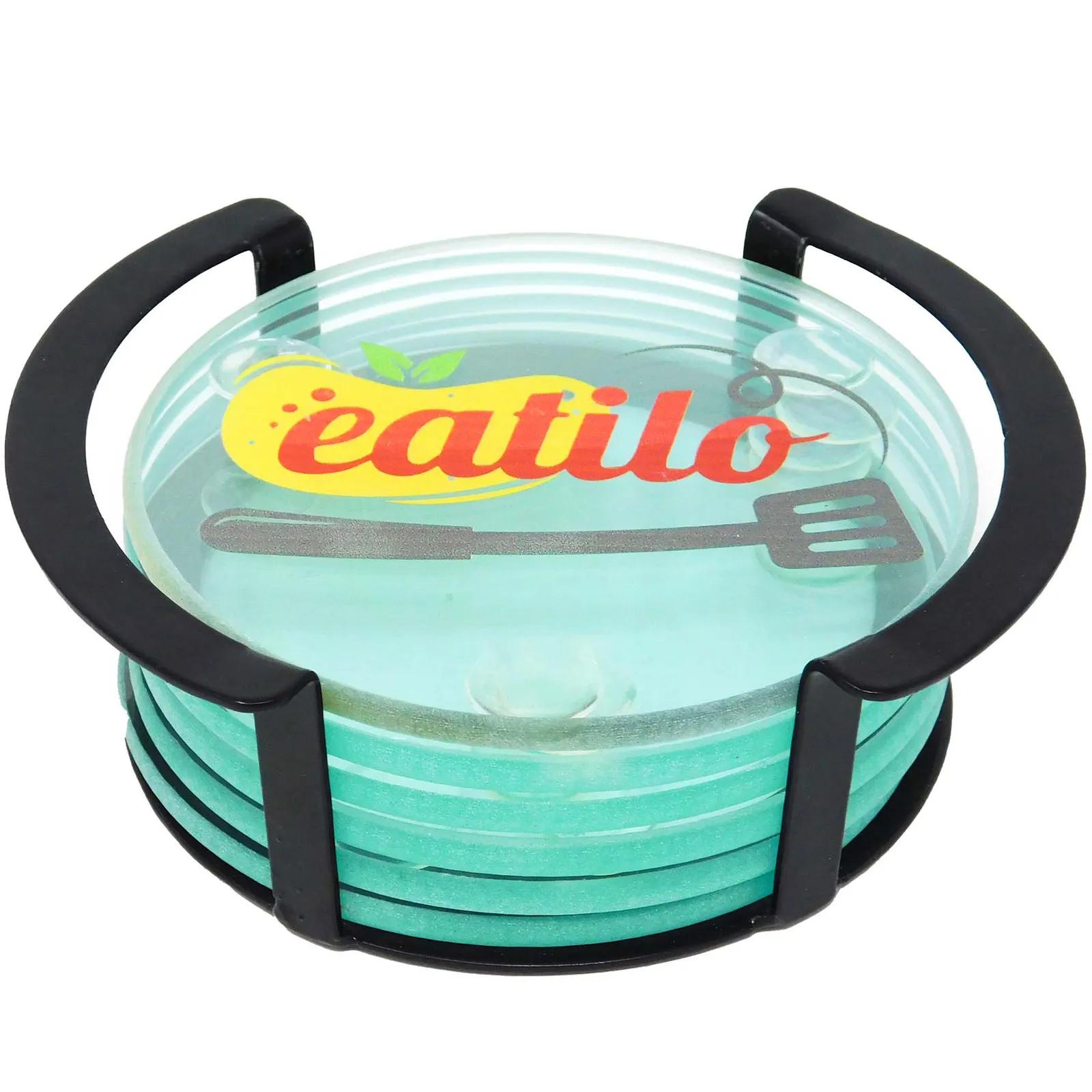 Coaster Set Round Glass 6 Piece Metal Stand - 4.875 in