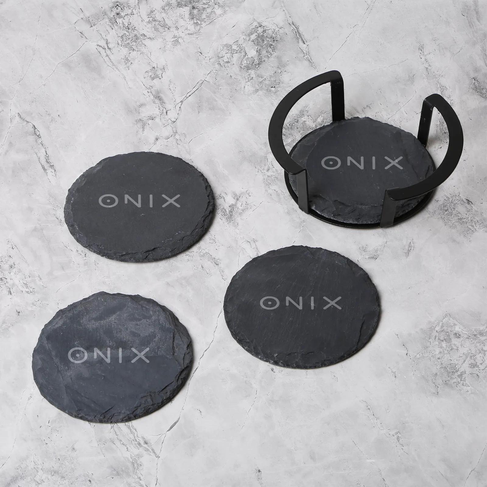Coaster Set Round Slate 4 Piece Metal Stand - 4.875 in - product view 3