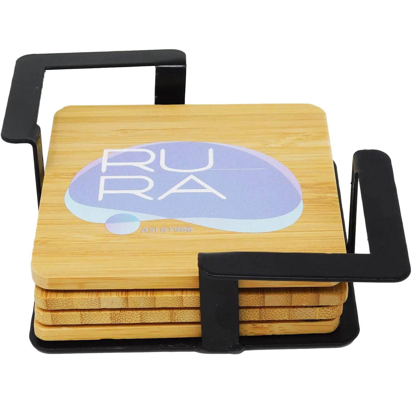 Bamboo Coaster Set with Metal Stand - 4 Piece