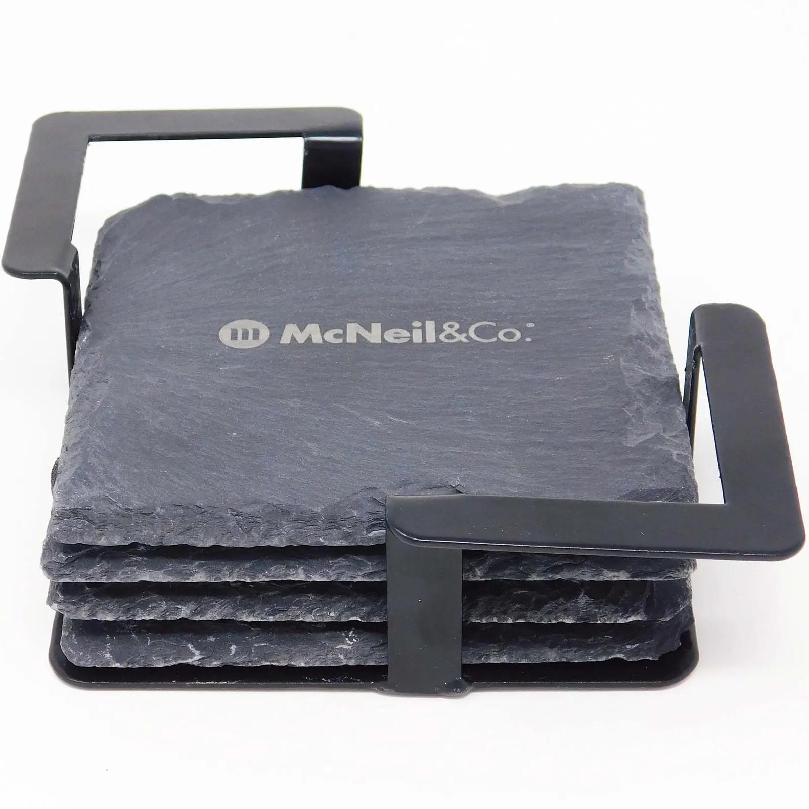 Slate Coaster Set with Metal Stand - 4 Piece