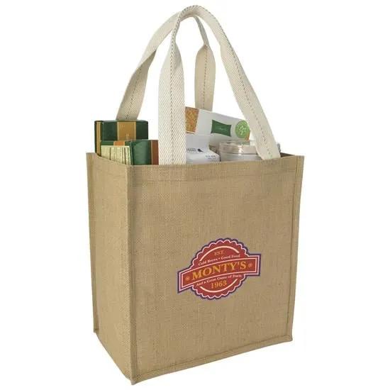 Jute Grocery Tote Natural Laminated Cotton Handles - 13 x 12 x 8.25 in