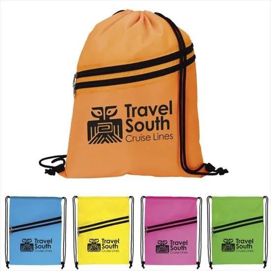 Neon Drawstring Backpack Multi-Zippered Pockets - 17.1 x 12.6 in