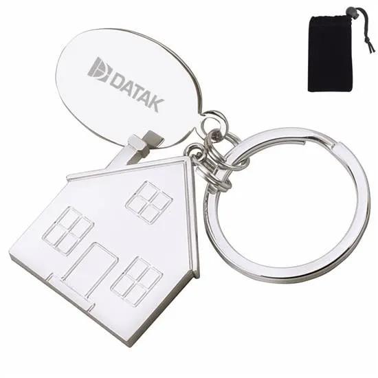 Custom Keychain House Tag Silver Zinc with Pouch - 2.75 in