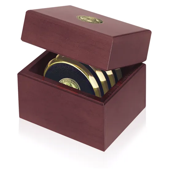 Cherry Wood Coaster Set Four Brass-Plated Chest - 5.5 x 4.875 in