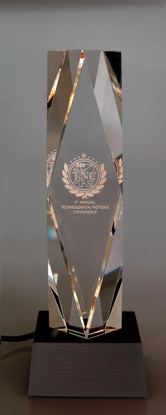 Crystal Award Dramatis Lighted Wood Base Faceted - 9.75 x 2.5 in - product view 3