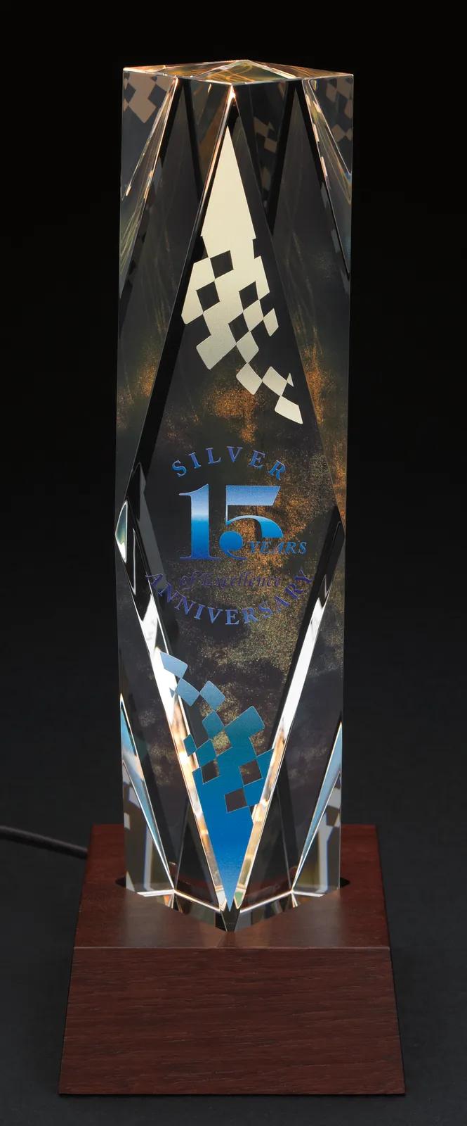 Crystal Award Dramatis Lighted Wood Base Faceted - 9.75 x 2.5 in - product view 4