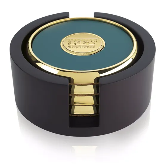 Wood Coaster Set Four Round with Tray Brass - 1.875 in H