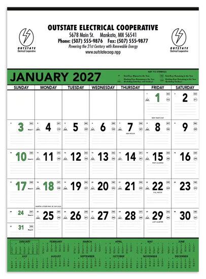 Contractor Wall Calendar Green Black Grid Julian - 25 x 18 in