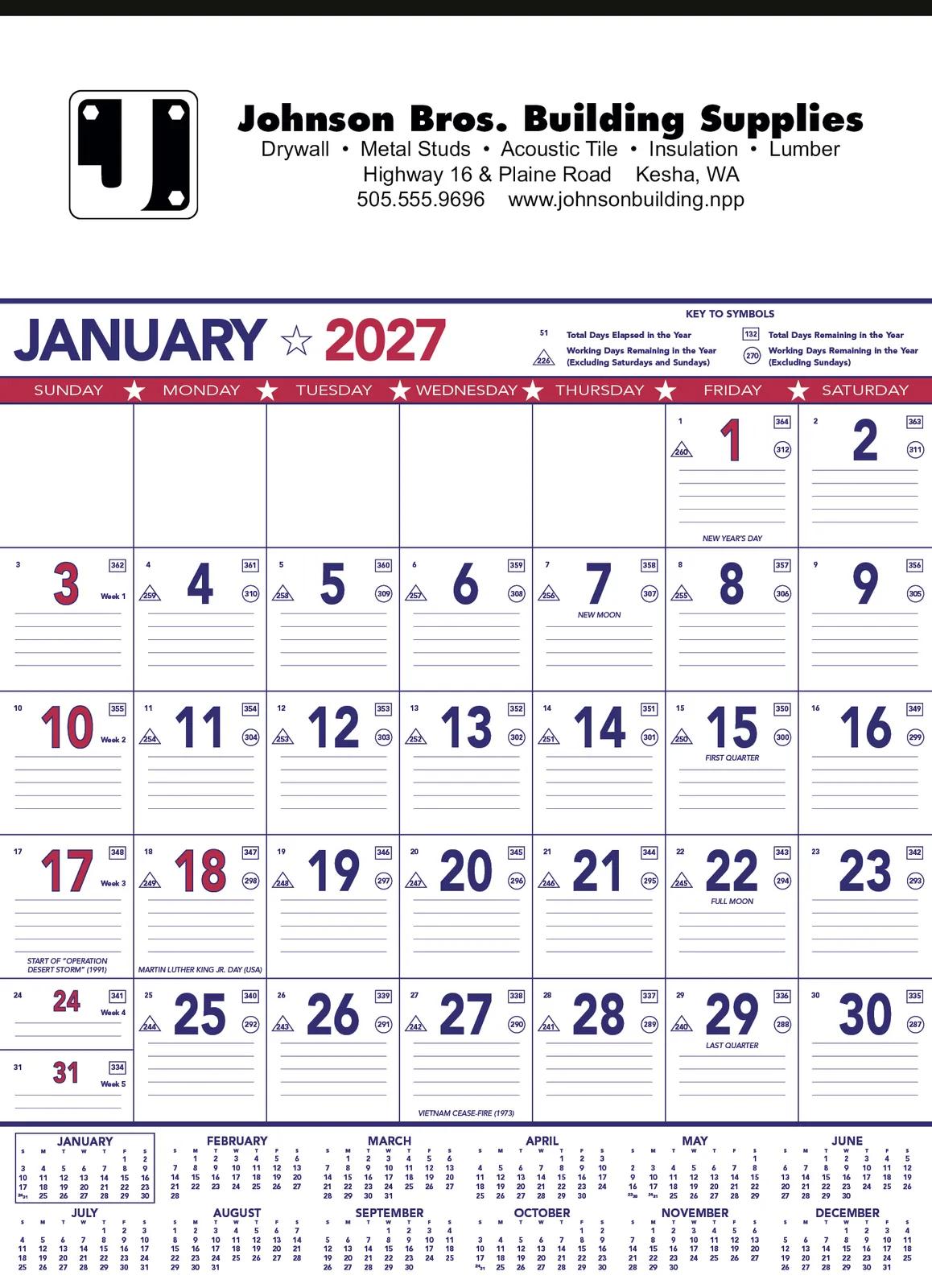 Patriotic Wall Calendar Red Blue Grid Julian Dates - 25 x 18 in - product view 2