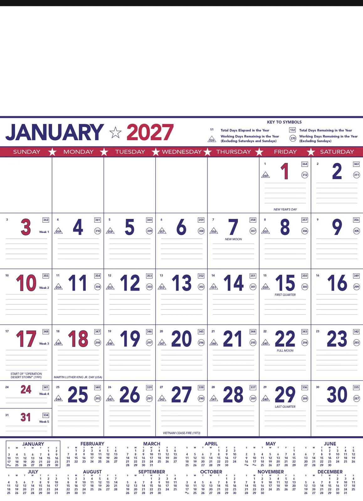 Patriotic Wall Calendar Red Blue Grid Julian Dates - 25 x 18 in - product view 3