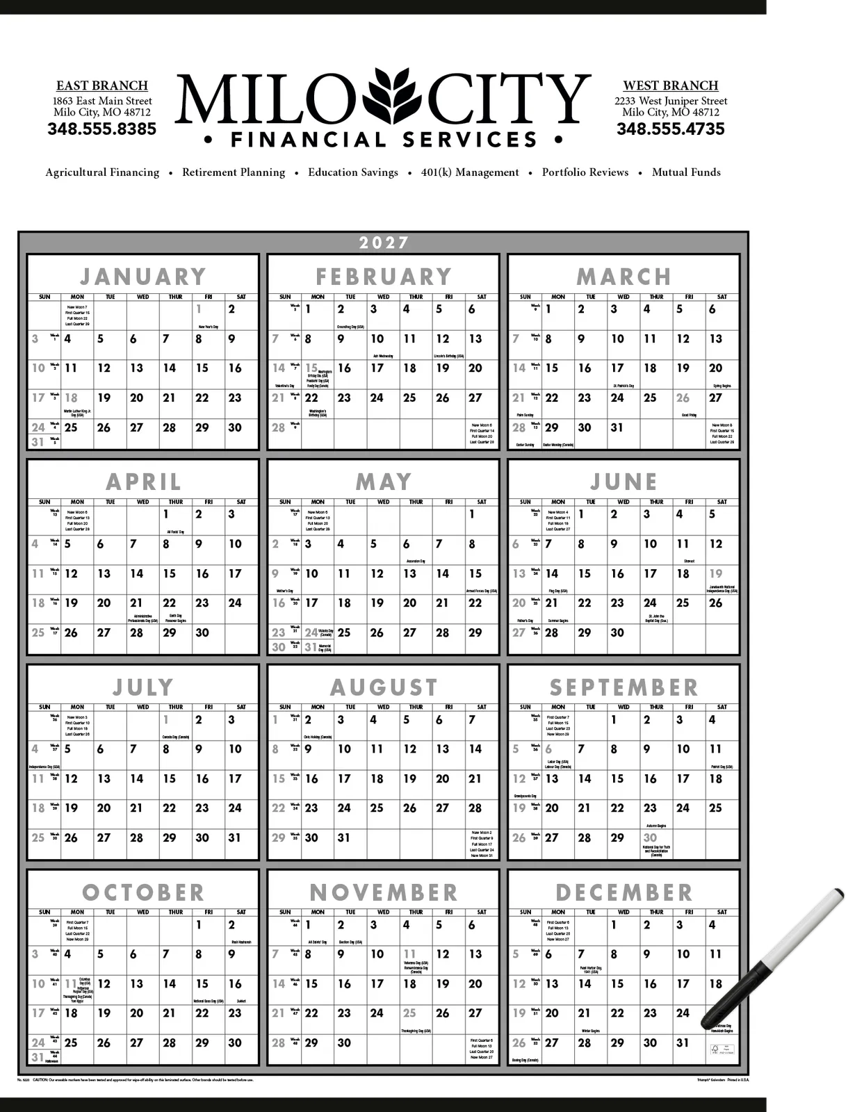 Black White Wall Calendar Laminated Marker FSC - 29 x 20 in - product view 2