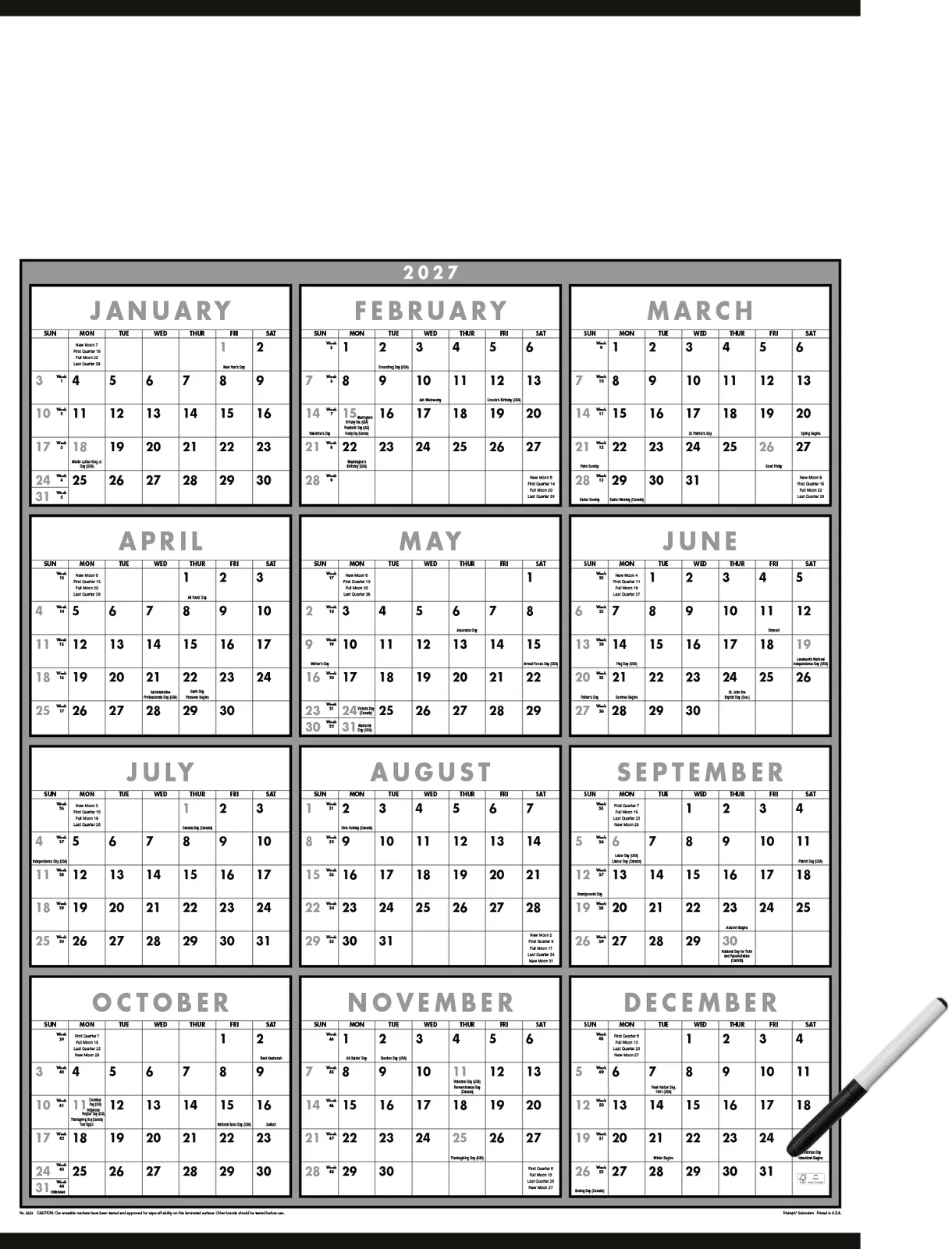 Black White Wall Calendar Laminated Marker FSC - 29 x 20 in - product view 3