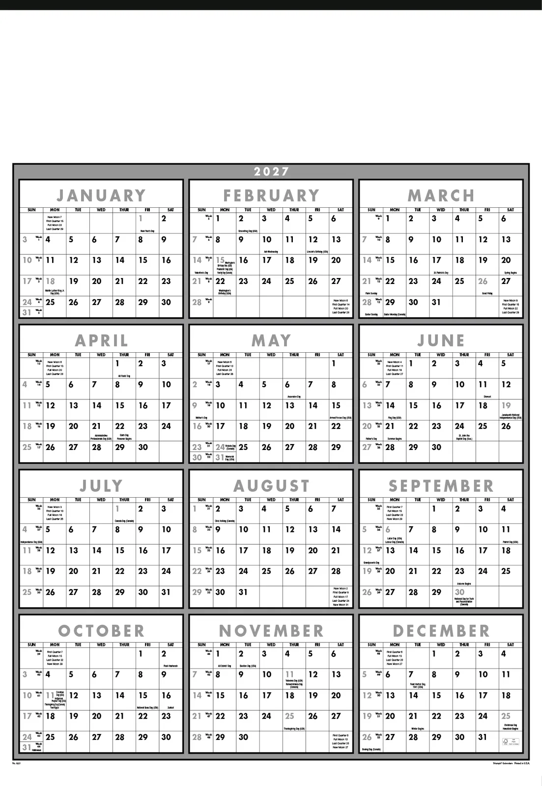 Black White Span-A-Year Wall Calendar FSC Paper - 29 x 20 in - product view 3