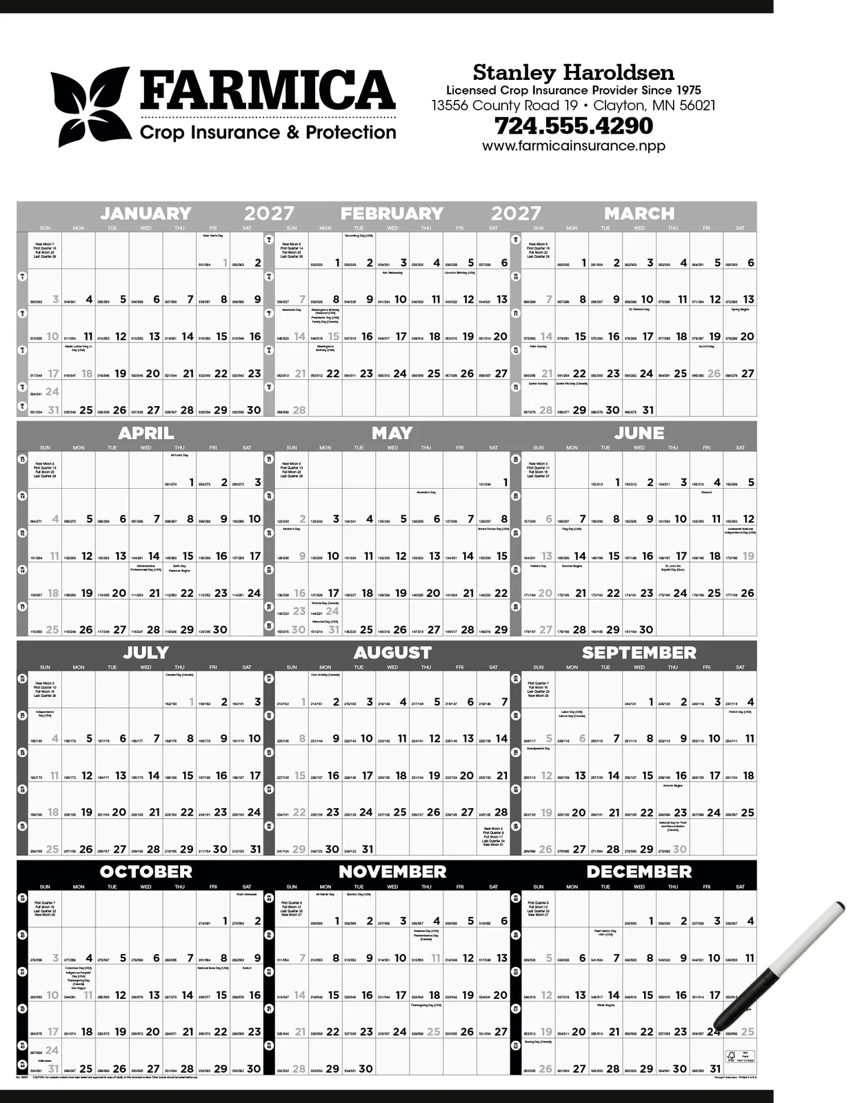 Black White Laminated Span Calendar with Marker - 38 x 27 in - product view 2
